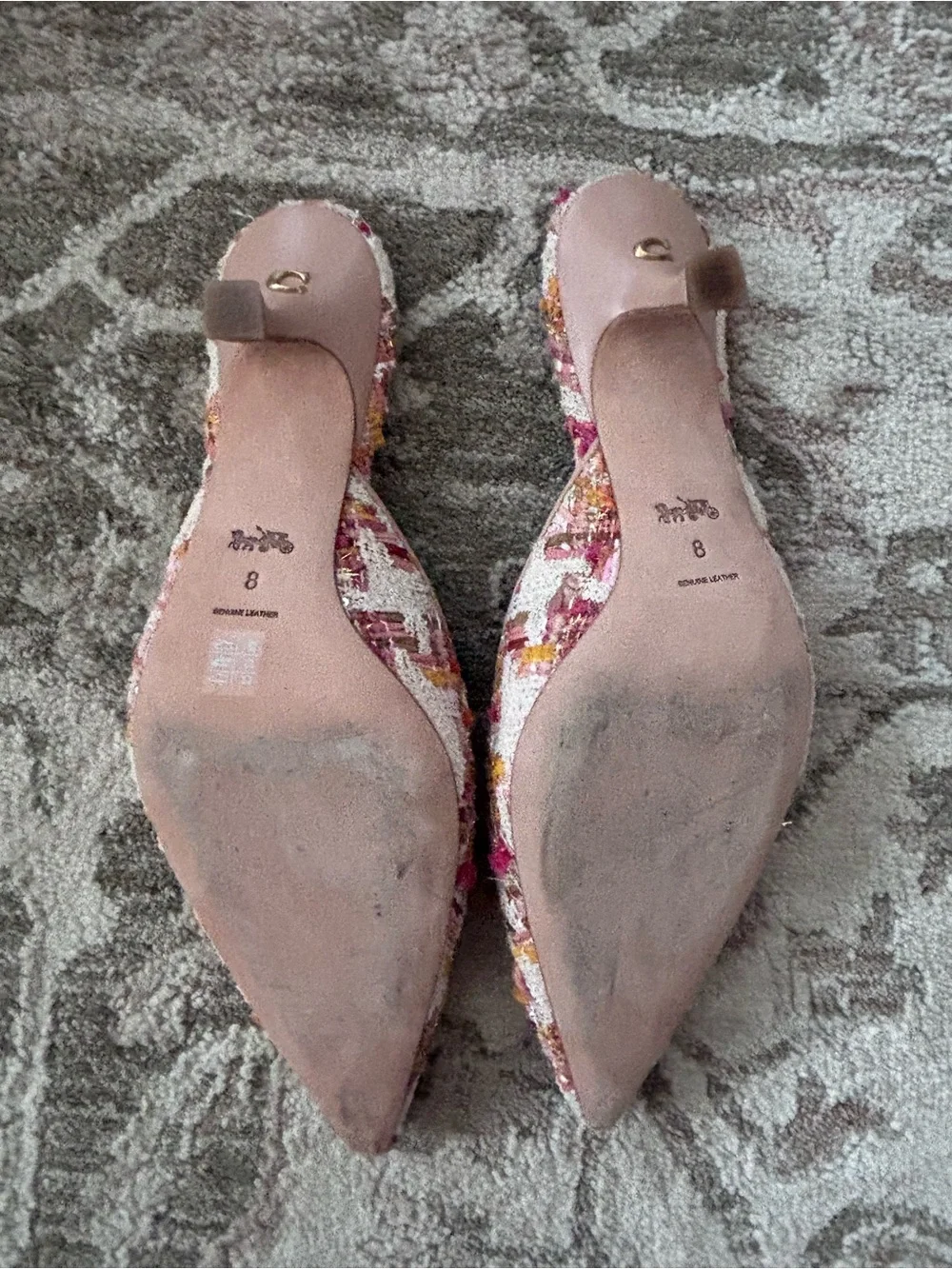 Coach Renn Tweed Kitten Heel Pointed Toe Mules in Pink and Yellow Size 8